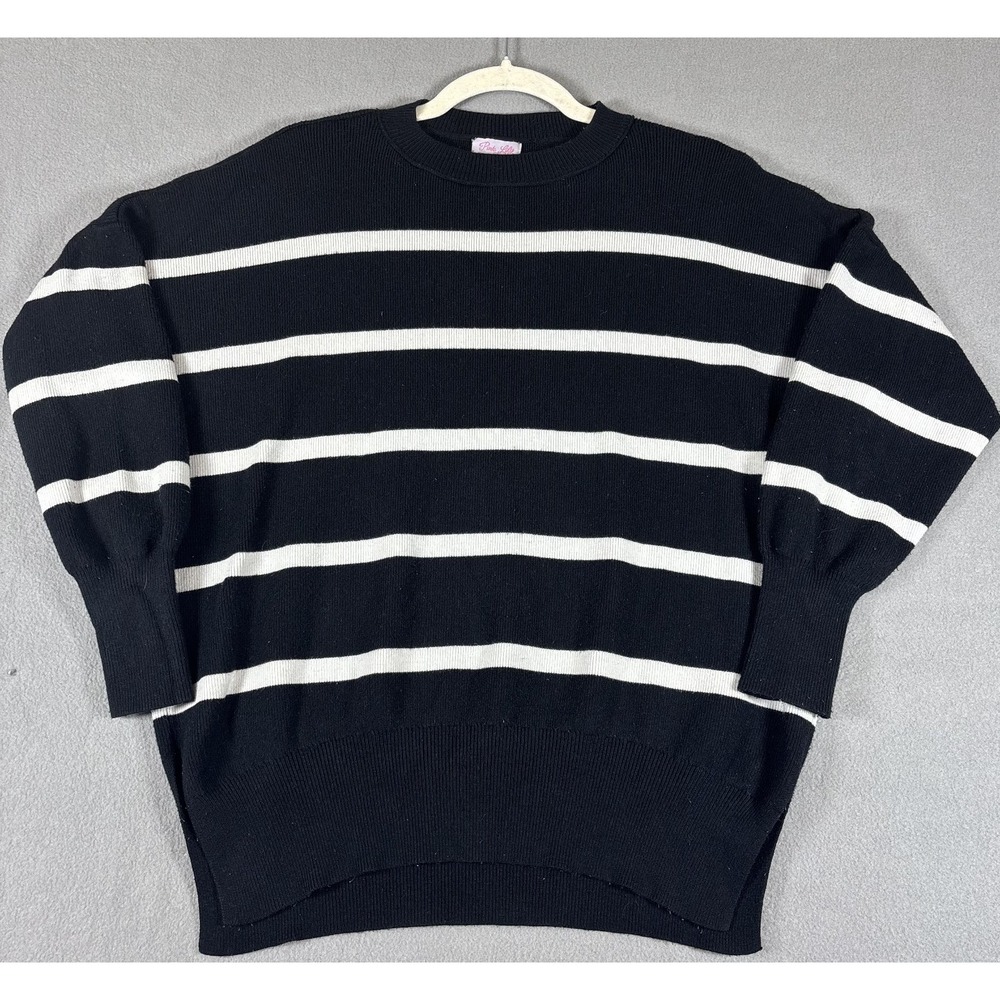 Pink Lily Womens Pullover Sweater Black Drop Shoulder Striped Winter Warm L